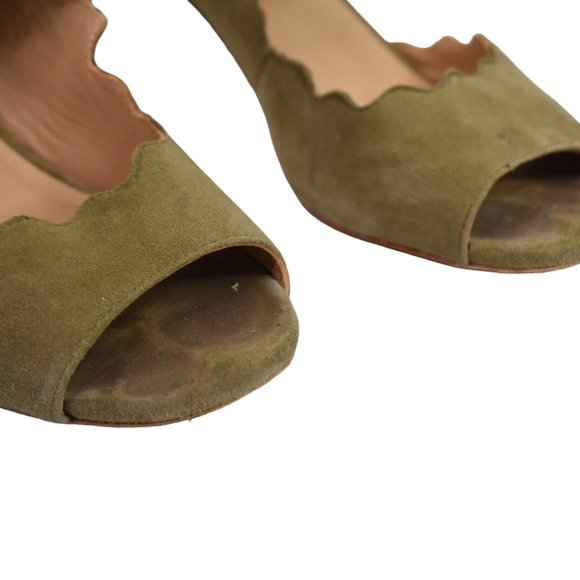 Anthropologie Heels 8.5 M Womens Scalloped Leather Open Toe Block Heel Taupe - Picture 2 of 12